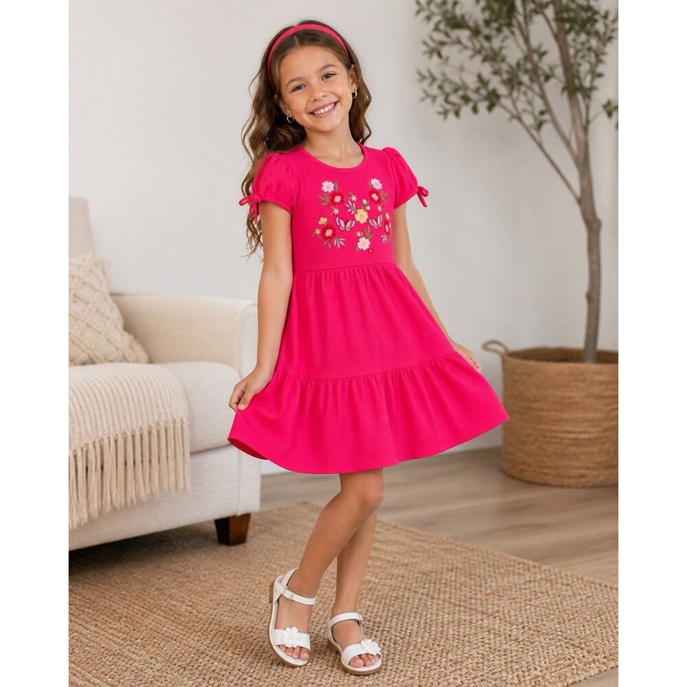 Lucky Penny Girls Size 5 Pink Ribbed Dress Floral Butterfly Embroidered Comfort